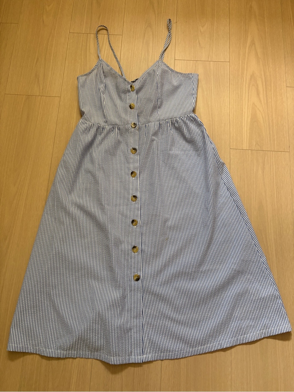 H&M Blue and White Striped Button-Front Strap Dress